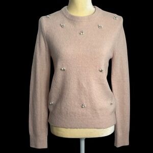 WHO WHAT WEAR Women's Peach Pearl Embellished‎ Crew Neck Sweater Extra Small
